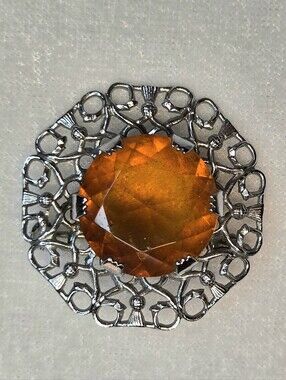 Vintage Amber Glass Stone Scottish Thistle Brooch / Pin